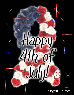 Click to get the codes for this image. Glitter graphic featuring a wreath of red, white and blue roses in the shape of a support ribbon on a background of red, white and blue stars. The comment reads: Happy 4th of July!