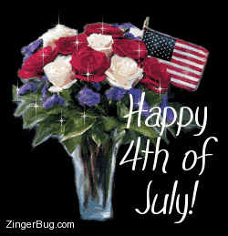 Click to get the codes for this image. Glitter graphic featuring a bouquet of red, white and blue roses with an American Flag. The comment reads: Happy 4th of July!