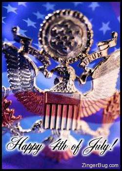 Click to get the codes for this image. Photo collage of a silver eagle pin with an American Flag superimposed on it. The comment reads: Happy 4th of July!