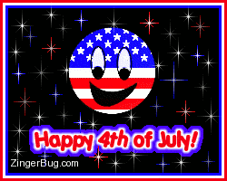 Click to get the codes for this image. Cute glitter graphic of a patriotic smiley face on a background of red, white and blue stars. The comment reads: Happy 4th of July!