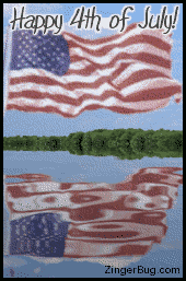 Click to get the codes for this image. This patriotic Fourth of July comment features an animated American Flag waving over a reflected rippled pool. The comment reads Happy 4th of July.