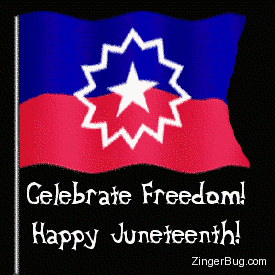 Click to get the codes for this image. Animated Juneteenth waving flag with the comment: Celebrate Freedom! Happy Juneteenth!