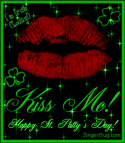 Click to get the codes for this image. This glitter graphic shows red kissing lips on a background of green stars and shamrocks. The comment reads: Kiss Me! I'm Irish (today!) Happy St. Patty's Day!
