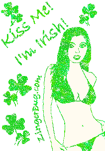 Click to get the codes for this image. This Saint Patrick's Day glitter graphic shows a sexy girl in a bikini with green shamrocks. The comment reads: Kiss me! I'm Irish!