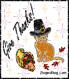 Click to get the codes for this image. Cuyte kitten wearing a pilgrim's hat with a horn of plenty. The comment reads: Give Thanks!