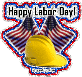 Click to get the codes for this image. This glitter graphic shows 2 crossed American flags with a yellow hard hat in front of them. The comment reads: Happy Labor Day!