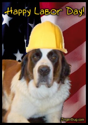 Click to get the codes for this image. Cute photograph of a dog wearing a yellow worker's hard hat in front of an American Flag. The comment reads: Happy Labor Day!