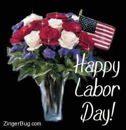 Click to get the codes for this image. Glitter graphic of a bouquet of red, white and blue roses with an American Flag. The comment reads: Happy Labor Day!