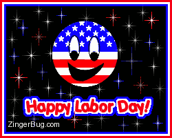 Click to get the codes for this image. Cute graphic of a patriotic smiley face on a background of red, white and blue stars. The comment reads: Happy Labor Day!