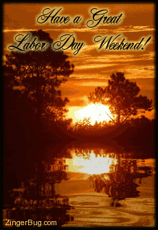 Click to get the codes for this image. This graphic sows two trees at sunset reflected in an animated pool The comment reads: Have a Great Labor Day Weekend!