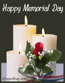Click to get the codes for this image. Graphic of 3 animated burning candles with a single red rose tied in patriotic ribbon. The comment reads: Happy Memorial Day