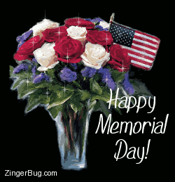 Click to get the codes for this image. Glitter graphic of a bouquet of red, white and blue roses with an American Flag. The comment reads: Happy Memorial Day!