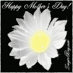 Click to get the codes for this image. Beautiful glitter graphic of a white daisy with silver glitter on the tips of each petal. The comment reads: Happy Mother's Day!