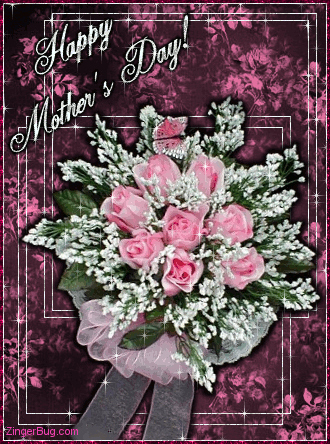 Click to get the codes for this image. This beautiful glitter graphic shows a bouquet of pink roses with a butterfly. The comment reads: Happy Mother's Day!