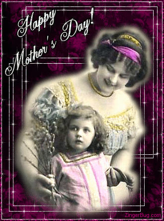 Click to get the codes for this image. This beautiful glitter graphic shows a vintage photo of a woman with a little girl. The comment reads: Happy Mother's Day!