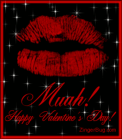 Click to get the codes for this image. Glitter graphic of kissing lips with the comment: Muah! Happy Valentine's Day!