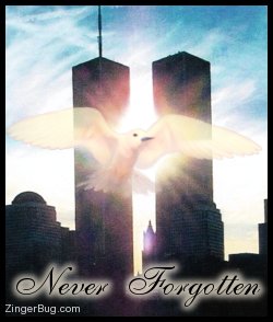 Click to get the codes for this image. This beautiful graphic shows the twin towers of the World Trade Center with a white bird superimposed on top. The comment reads: Never Forgotten.