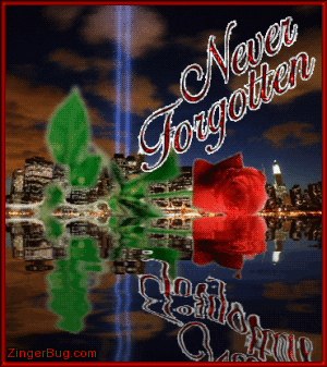 Click to get the codes for this image. This beautiful glitter graphic features a photograph of the twin towers memorial in light tribute with a rose in front of the city scape. The whole scene is reflected in an animated harbor. The comment reads: Never Forgotten
