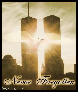 Click to get the codes for this image. This beautiful sepia tone photo graphic shows the twin towers of the World Trade Center with a white bird superimposed on top. The comment reads: Never Forgotten.