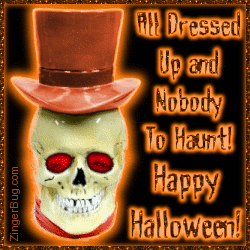 Click to get the codes for this image. Graphic of a skeleton head wearing a top hat. The comment reads: All Dressed up and nobody to haunt! Happy Halloween!