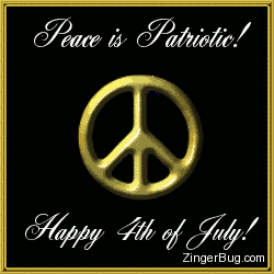 Click to get the codes for this image. Golden peace sign in front of a background of animated fireworks. The comment reads: Peace is Patriotic! Happy 4th of July!