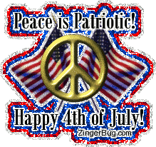 Click to get the codes for this image. Glitter graphic showing a gold peace sign in front of 2 corssed flags. The comment reads: Peace is Patriotic! Happy 4th of July!