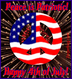 Click to get the codes for this image. This glitter graphic features a red white and blue peace sigh with a waving flag pattern in front of a background of glittered fireworks. The comment reads: Peace is Patriotic! Happy 4th of July!