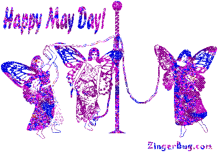 Click to get the codes for this image. Happy May Day Purple Glitter Pixies with May Pole, May Day  Beltane Free Image, Glitter Graphic, Greeting or Meme for Facebook, Twitter or any forum or blog.