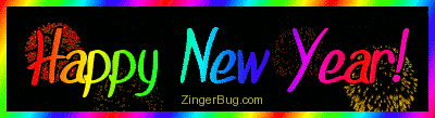 Click to get the codes for this image. This glitter graphic shows coloful animated fireworks in the background. The rainbow text reads: Happy New Year!