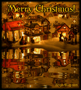 Click to get the codes for this image. This beautiful graphic shows a lighted Christmas village reflected in an animated pool. The comment reads: Merry Christmas!