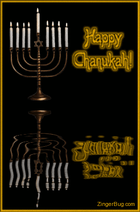 Click to get the codes for this image. This graphic shows an animated menorah with burning candles reflected in an animated pool. The comment reads: Happy Chanukah!