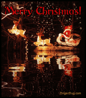 Click to get the codes for this image. This beautiful graphic shows a lighted sleigh pulled by glowing reindeer with twinkling lights in the background. The whole scene is reflected in an animated pool. The comment reads: Merry Christmas!