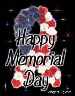 Click to get the codes for this image. This glitter graphic shows a support ribbon shaped wreath made of red, white and blue roses. The comment reads: Happy Memorial Day