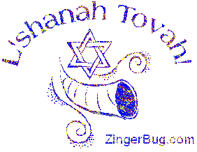 Click to get the codes for this image. This Rosh Hashanah glitter graphic shows a ram's horn and a star of David. The comment reads: L'shanah Tovah!
