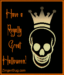 Click to get the codes for this image. This cute graphic shows a 3D skeleton head with a crown and a big toothy grin. The comment reads: Have a Royally Great Halloween!