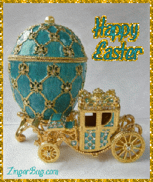 Click to get the codes for this image. This glitter graphic shows a teal and gold colored ressian Easter Egg with a golden carriage. The comment reads: Happy Easter!