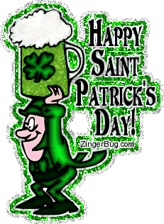 Click to get the codes for this image. This cute glitter graphic shows a leprechaun holding a mug of green beer over his head. The comment reads: Happy Saint Patrick's Day!