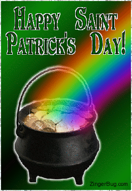 Click to get the codes for this image. This glitter graphic shows a pot of gold at the end of the rainbow. The comment reads: Happy Saint Patrick's Day!