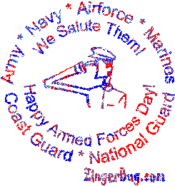 Click to get the codes for this image. Glitter graphic of a saluting soldier. The comment reads: Army, Navy, Air Force, Marines, Coast Guard, National Guard. Happy Armed Forces Day!