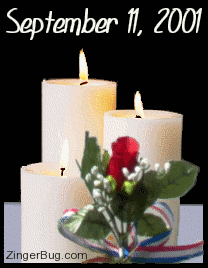 Click to get the codes for this image. This memorial graphic features 3 animated candles with burning flames. There is a single red rose with patriotic ribbon in front of the candles. The comment reads: September 11, 2001
