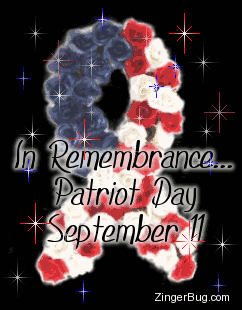 Click to get the codes for this image. Glitter Graphic showing Red, White and Blue roses in the form of a support ribbon with glitter stars. The comment reads: In Remembrance... Patriot Dy, September 11