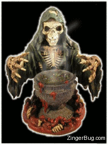 Click to get the codes for this image. This Halloween animated graphic shows a skeleton in a robe brewing something in a big pot. There is animated steam rising from the pot.