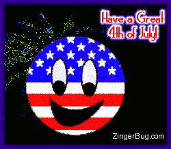 Click to get the codes for this image. This glitter graphic shows a patriotic red, white and blue smiley face in front of a background of animated fireworks. The comment reads: Have a Great 4th of July!