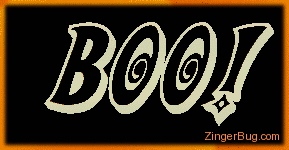 Click to get the codes for this image. This Halloween comment shows 3D text reading Boo! That spins in space