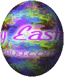 Click to get the codes for this image. This graphic shows a colorful 3D easter egg spinning. The comment reads Happy Easter!