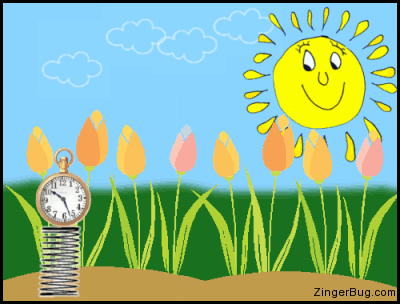Click to get the codes for this image. This cute animated gif shows a clock being hurled through the air by a big spring. The comment reads: Remember to Spring Ahead! Daylight Savings Time Starts Sunday Morning at 2am!