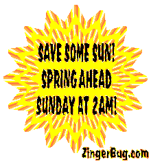 Click to get the codes for this image. Yellow Animated Starburst Graphic with the comment: Save some Sun! Spring Ahead Sunday at 2am!