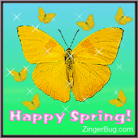 Click to get the codes for this image. Glitter graphic of yellow butterfiles with the comment: Happy Spring!