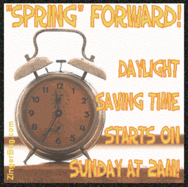 Click to get the codes for this image. This glitter graphic shows a clock and reads: Spring Forward! Daylight Saving Time Starts on Sunday at 2am