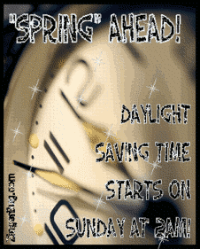 Click to get the codes for this image. This glitter graphic shows a clock and reads: Spring Ahead! Daylight Saving Time Starts on Sunday at 2am